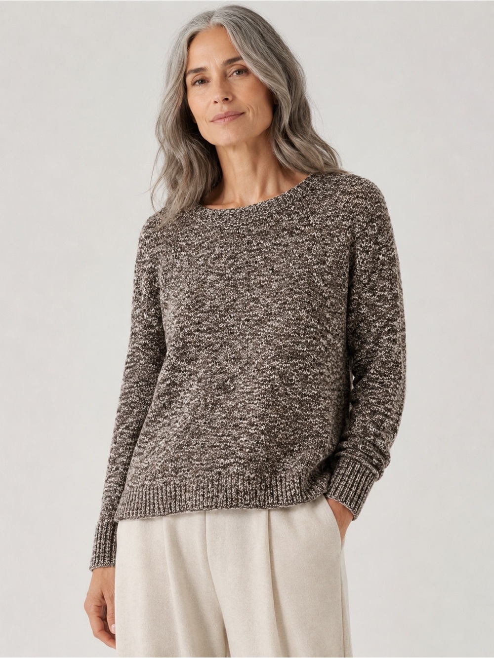 Eileen Fisher Textured Knit Sweater S Linen Cotton Blend Brown White Minimalist